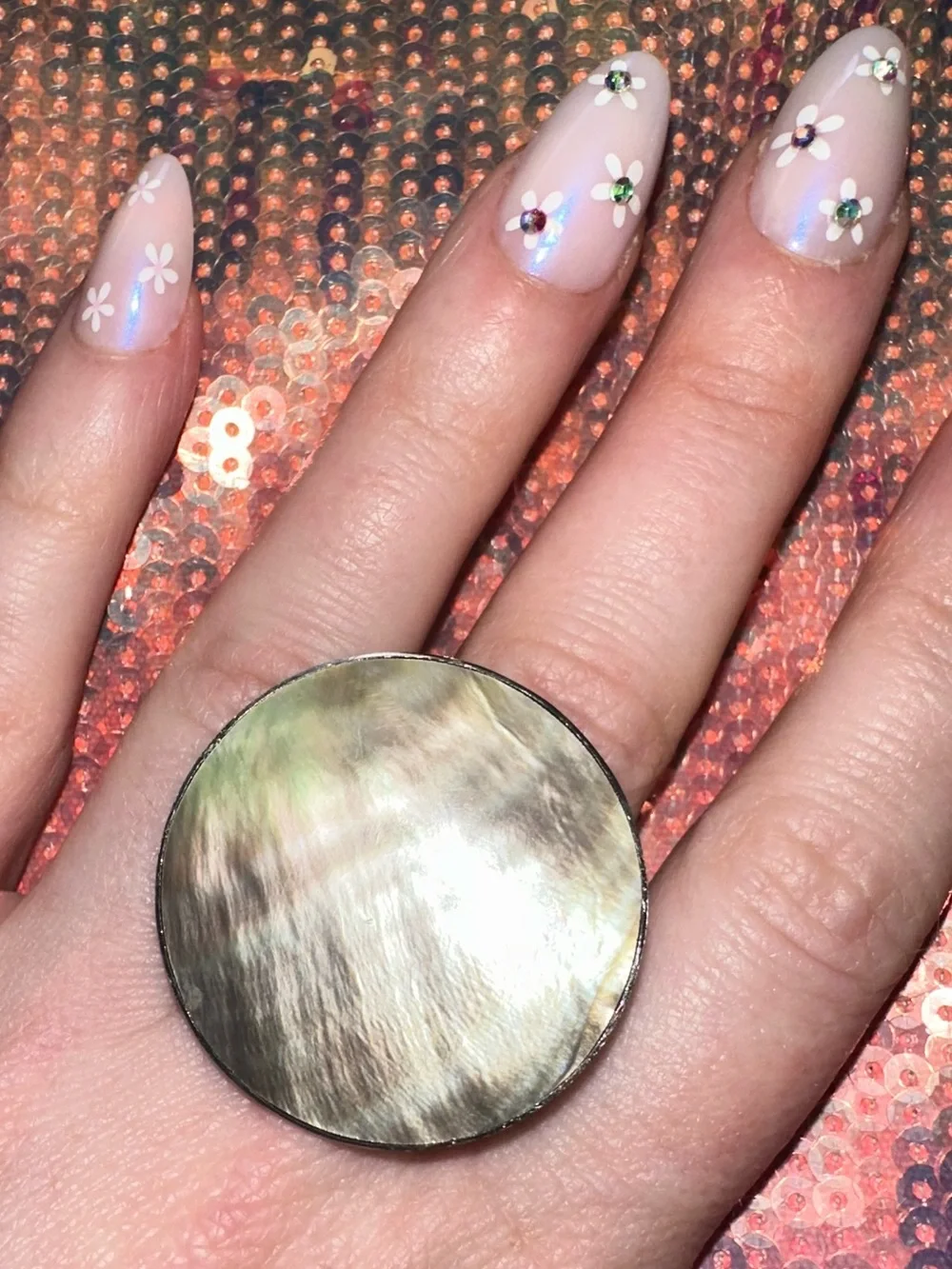 Iridescent Mother of Pearl Circle Disk Ring